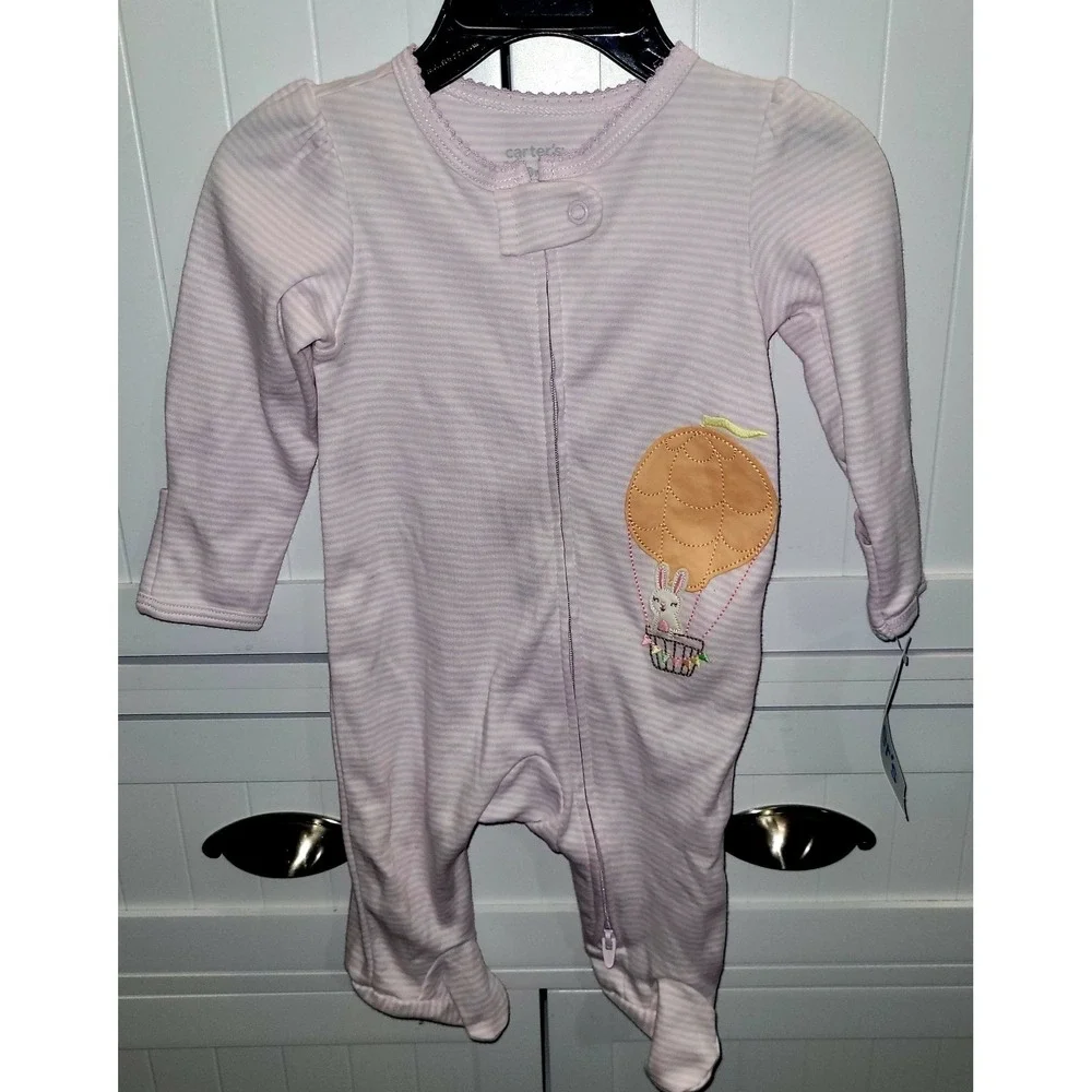 Carters Baby Girl 3M Purple Striped Bunny Hot Air Balloon Sleep and Play NWT